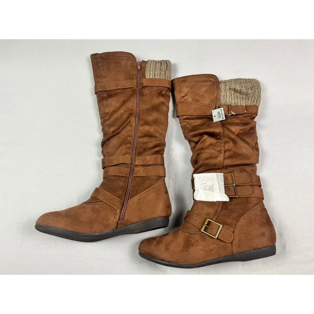 Bongo Myrina‎ Women 8.5W Brown Faux Suede Slouch Tall Boots Knit Cuff Wide Width